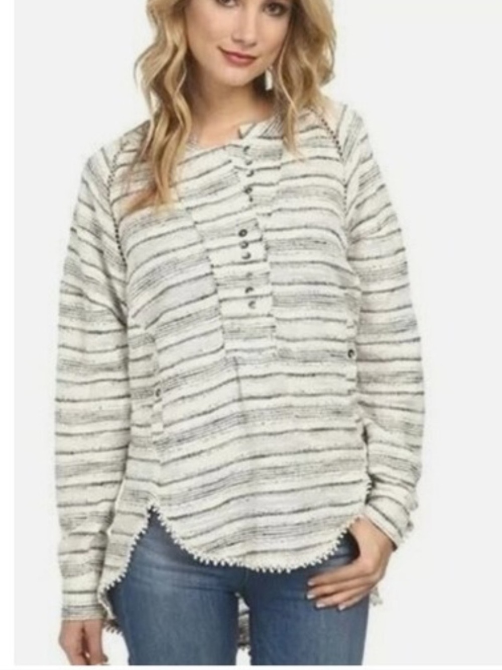 Free People Tweed Hideaway Ivory Striped Henley Tunic Top Women’s Medium